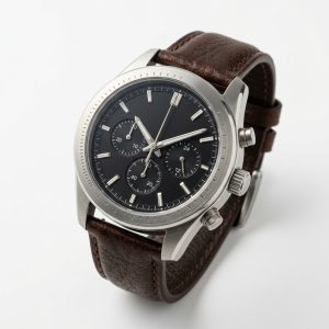 Men's Chronograph Quartz Wristwatch with Dark Brown Leather Strap