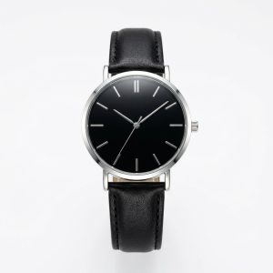 Classic Men's Black Dial Quartz Wristwatch with Black Leather Strap